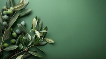 ai généré minimaliste olive vert Contexte avec une branche de Olives sur le la gauche et gratuit espace sur le droite photo