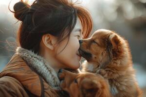 ai généré affection, chaleur, et tacite compréhension. une joyeux coréen femme actions une baiser avec sa deux de race chiots photo