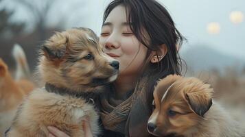 ai généré affection, chaleur, et tacite compréhension. une joyeux coréen femme actions une baiser avec sa deux de race chiots photo