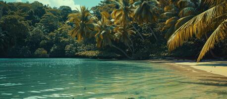 ai généré magnifique l'eau et paume des arbres sur un isolé plage photo