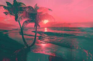 ai généré le coucher du soleil plage avec paume des arbres et rose Couleur le coucher du soleil photo