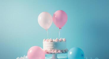 ai généré une gâteau et des ballons séance sur une tableau, photo