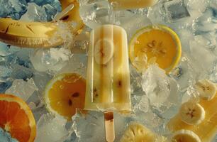 ai généré une groupe de rasé la glace avec citron, ananas, Orange et banane sucettes glacées photo