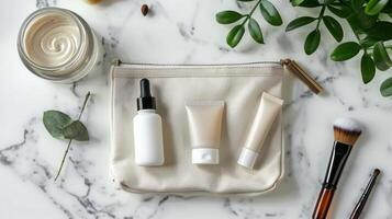 ai généré une maquillage sac contenant Naturel cosmétique des produits sur le bureau photo