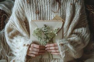 ai généré une la personne ouverture enveloppe avec fleurs et feuilles à l'intérieur photo