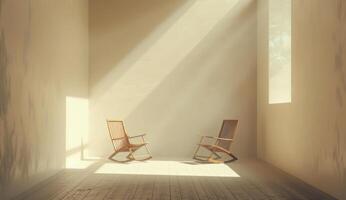 ai généré une pièce dans une blanc, en bois environnement avec deux en bois chaises photo