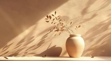 ai généré une vase sur une table avec feuilles dans le soleil, de foncé beige Contexte photo