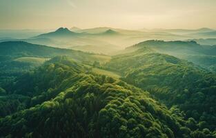 ai généré aérien vue de vert les forêts dans le montagnes avec montagnes et clair ciel photo