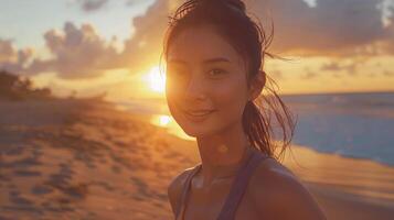 ai généré asiatique femme fonctionnement sur plage à coucher de soleil, aptitude entraînement. photo