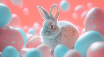 ai généré un Pâques lapin des stands suivant à certains bleu et rose des œufs photo