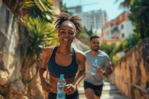 ai généré énergique couple le jogging en plein air photo