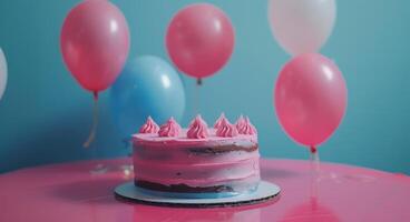 ai généré anniversaire gâteau avec coloré des ballons sur une table photo