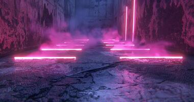 ai généré néon lumière flèches sur une béton sol avec rose et violet les lampes photo