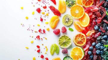 ai généré une coloré propager de séché des fruits posé en dehors sur une nettoyer blanc Contexte photo