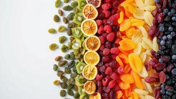 ai généré une coloré assortiment de séché des fruits arrangé élégamment sur une nettoyer blanc Contexte photo