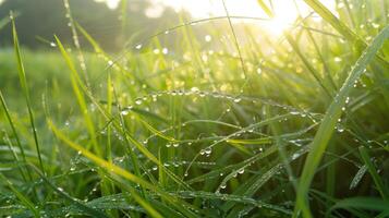 ai généré dans le de bonne heure lumière, embrassé par la rosée lames de herbe miroiter avec fraîcheur photo