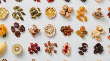 ai généré sain séché des fruits méticuleusement arrangé sur une parfait blanc surface photo