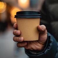 ai généré une homme main en portant une jetable papier café tasse pour sortir photo