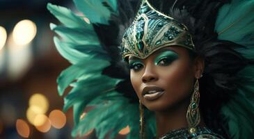 ai généré africain femme habillé dans coloré carnaval costume et Chapeaux photo