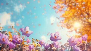 ai généré automnal scène avec charmant lilas crocus fleurs contre une bleu ciel toile de fond photo
