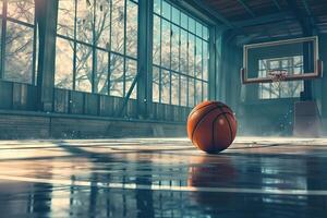 ai généré Vide basketball champ avec le Balle à le sol. génératif ai photo