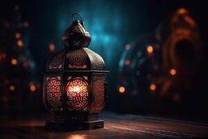 ai généré arabe lanterne avec embrasé bougie sur foncé Contexte. Ramadan kareem concept photo