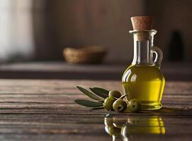 ai généré olive pétrole dans le bouteilles sur table photo