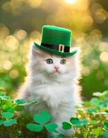 ai généré chaton dans vert Haut chapeau, vert herbe sur arrière-plan, st. patrick's journée concept photo