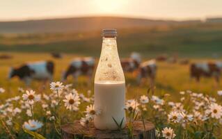 ai généré Frais Lait bouteille sur rustique souche au milieu de vaches et fleurs sauvages à le coucher du soleil photo
