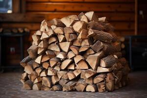 ai généré magnifiquement empilés bois de chauffage pile pour chaud et confortable cheminée dans pittoresque pays maison photo