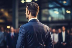 ai généré engagé public dans conférence entrée, inspirant orateur à prospère affaires un événement photo