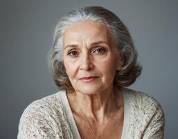 ai généré portrait de une magnifique femme à un Avancée âge. photo