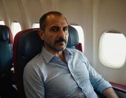 ai généré portrait de une détendu arménien homme sur un avion. photo