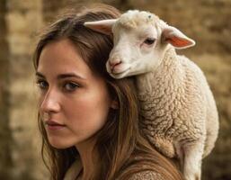 ai généré une femme avec une charmant agneau. photo