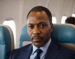 ai généré portrait de un personnes âgées africain homme d'affaire dans le intérieur de un avion. photo