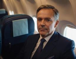 ai généré image de une affaires homme dans classique vêtements sur un avion. photo