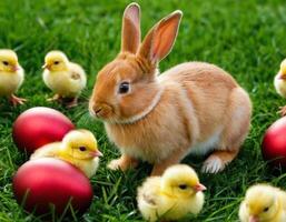 ai généré Pâques lapin et peu poussin sur une vert prairie. photo