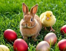 ai généré Pâques lapin et peu poussin sur une vert prairie. photo