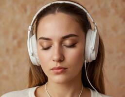 ai généré une Jeune femme écoute à la musique avec sa yeux photo
