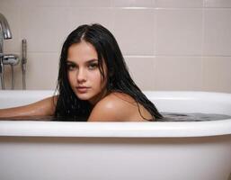 ai généré image de une Jeune femme avec humide cheveux dans le salle de bains. ai génération photo