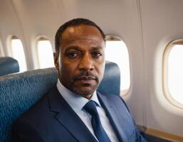 ai généré portrait de un personnes âgées africain homme d'affaire dans le intérieur de un avion. photo