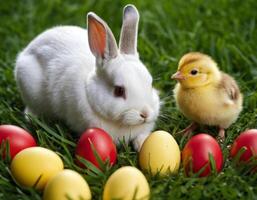 ai généré Pâques lapin et peu poussin sur une vert prairie. photo