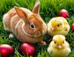 ai généré Pâques lapin et peu poussin sur une vert prairie. photo