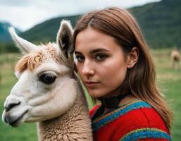 ai généré portrait de une femme avec une peu lama. photo