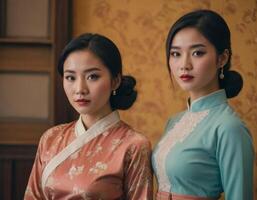 ai généré rétro image de deux Jeune asiatique femmes. ai génération photo