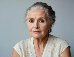 ai généré portrait de une magnifique femme à un Avancée âge. photo