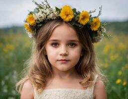 ai généré portrait de une fille avec Jaune fleurs. photo