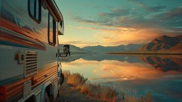 ai généré fermer de un les camping-cars côté miroir reflétant une étourdissant vue de une Lac et montagnes, capturer le essence de camping et aventure, doux Matin lumière valoriser le serein paysage photo