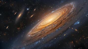ai généré une panoramique vue de le univers, où une massif spirale galaxie domine le centre, entouré par des millions de étoiles, avec météore douches ajouter une dynamique élément photo