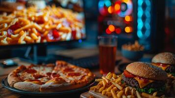 ai généré une bureau montrant une le banquet de déchet nourriture, avec Pizza et des hamburgers de face et centre photo